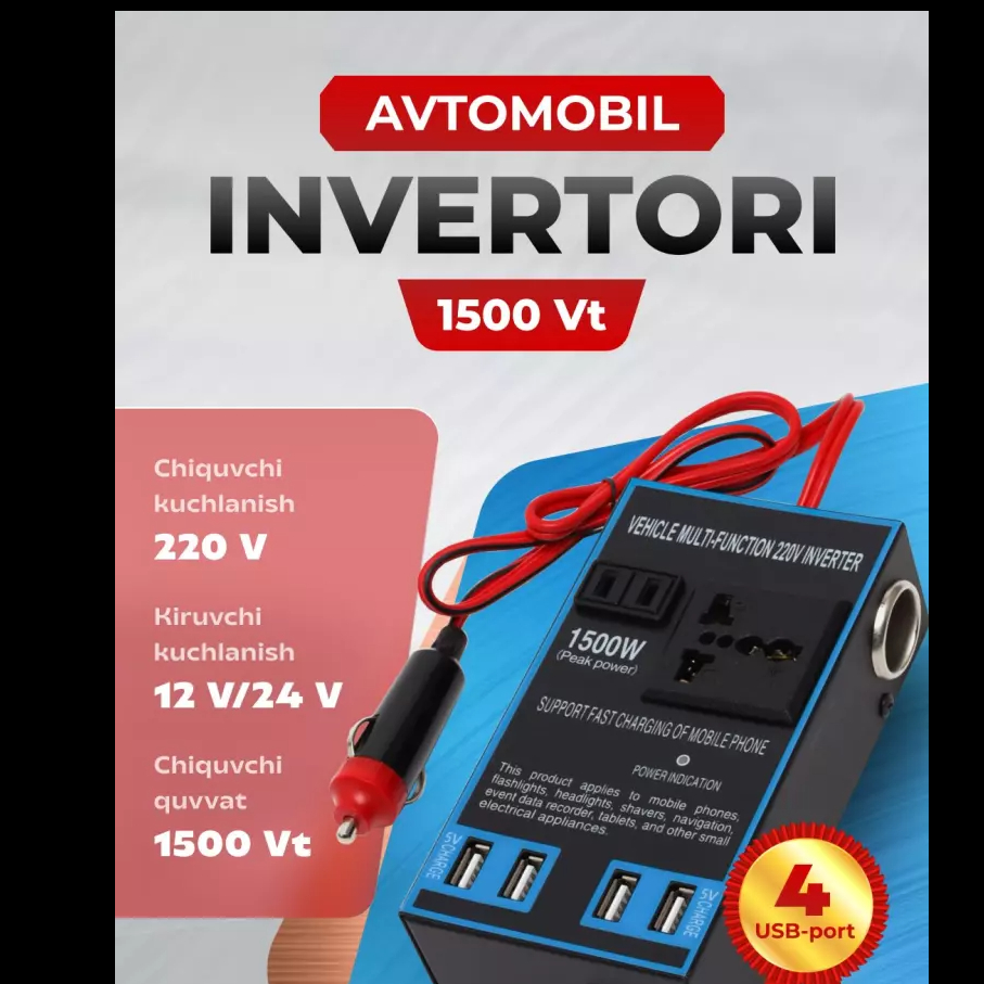 Avtomobil invertori, 4 ta USB portli rozetka, 12 V/24 V dan 220 V gacha konverto